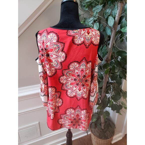 Chico's Tunic Top Women XL Red Geo Print Stretch Cold Shoulder Sleeve Round Neck - Picture 4 of 13
